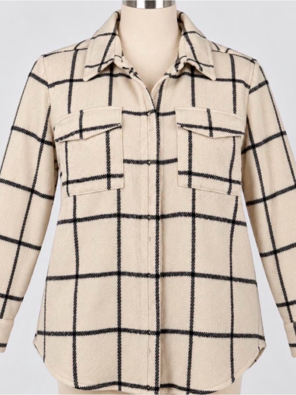 MELLODAY Cream and Black Windowpane Button-Down Shacket